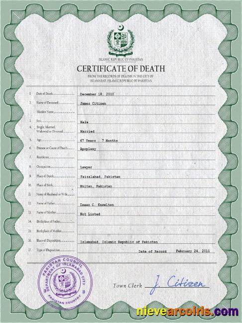 Pakistan vital record death certificate
